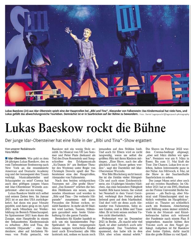Lukas Baeskow rockt die Bühne als Alex im Bibi und Tina Musical
